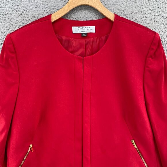 Tahari Jacket Womens 16 Petite Red Zip Pockets Open Front Blazer Stretch Office - Picture 2 of 11